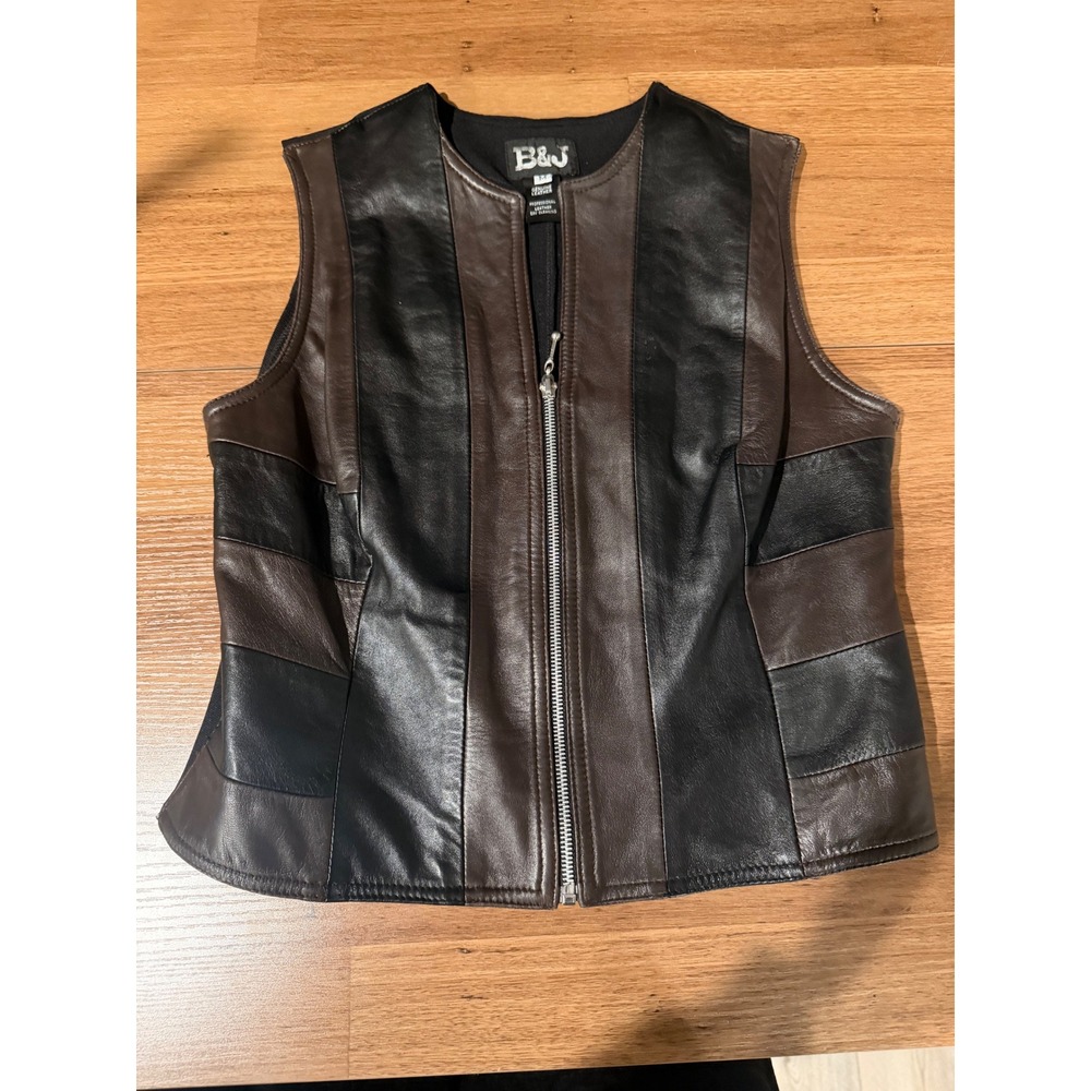 B&J Womens Genuine Leather Patchwork Vest Black Brown Colorblock Zip Front Med